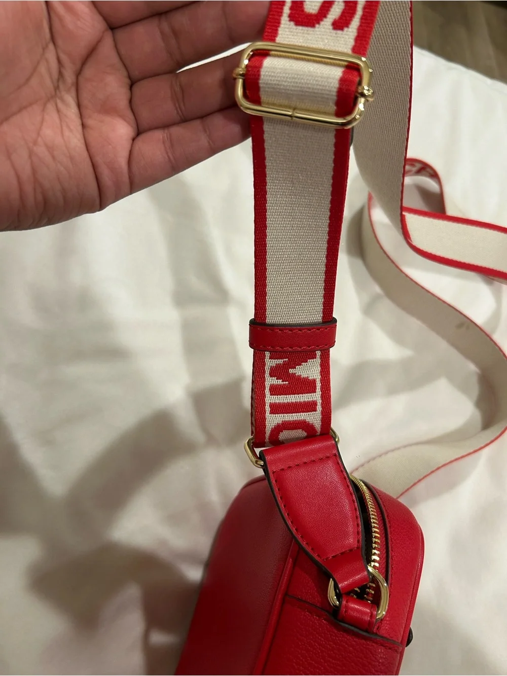 Michael Kors Red Pebbled Leather Crossbody Camera Bag with Logo Strap